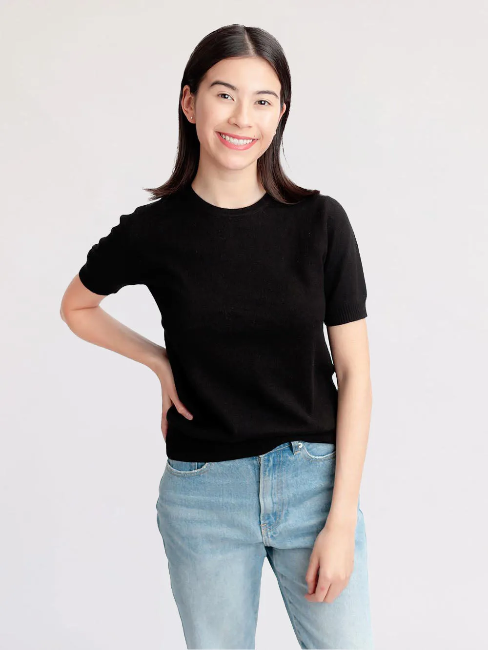 100% Mongolian Cashmere Round Neck Short Sleeves Sweater