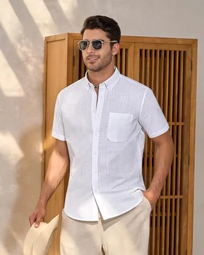 Alimens & Gentle Mens Linen Shirt Short Sleeve Casual Cotton Button Down Shirts Collared Summer Beach Shirts Light Yellow