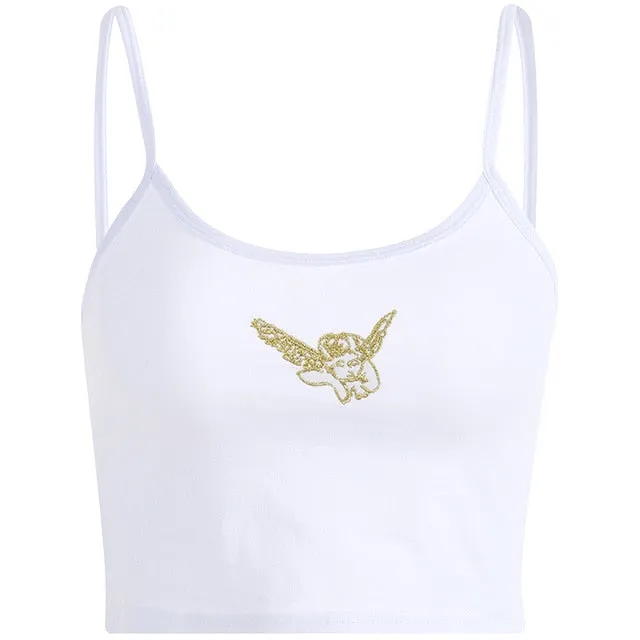 Angel Embroidery Spaghetti Strap Kawaii Bralette Crop Top Sexy Workout Tank Top