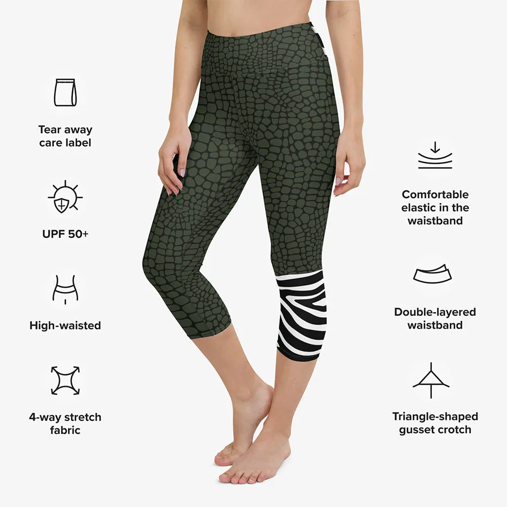 Animal Printed Capris "CrocoZebra" Dark Green