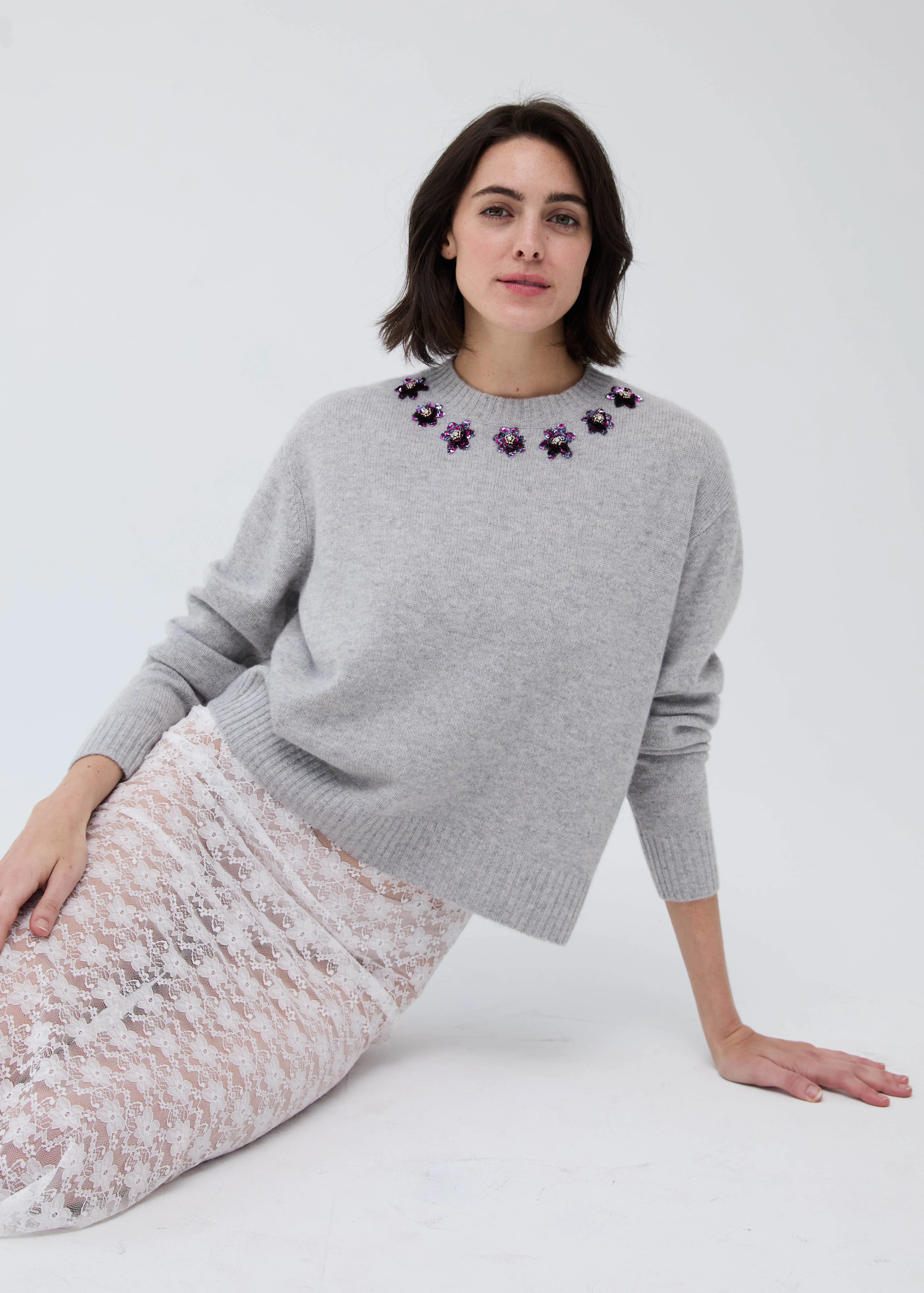 Autumn Cashmere Beaded Flower Trim Crewneck