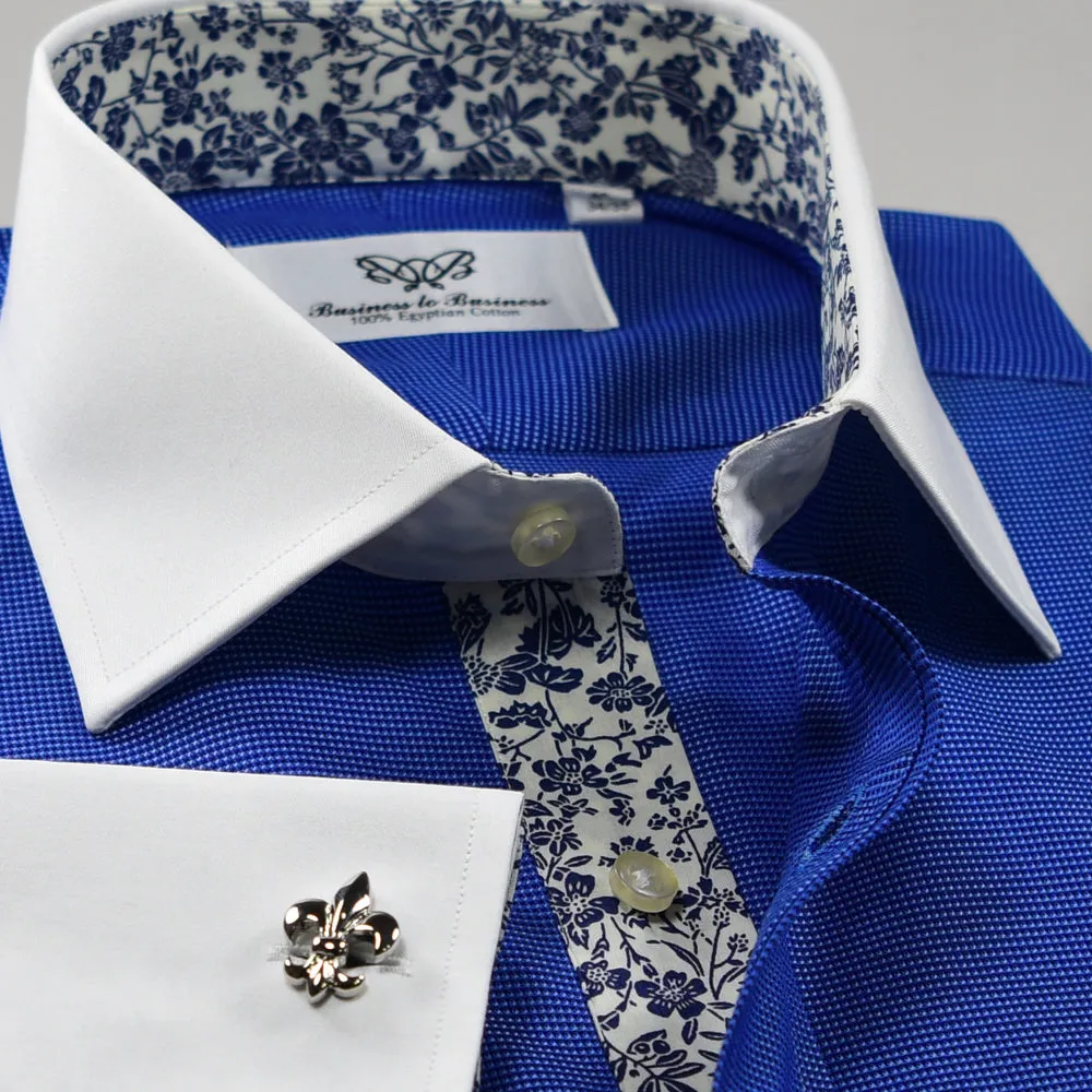 B2B Blue Luxury Stripe Formal Business Dress Shirt With Blue Floral Inner Lining