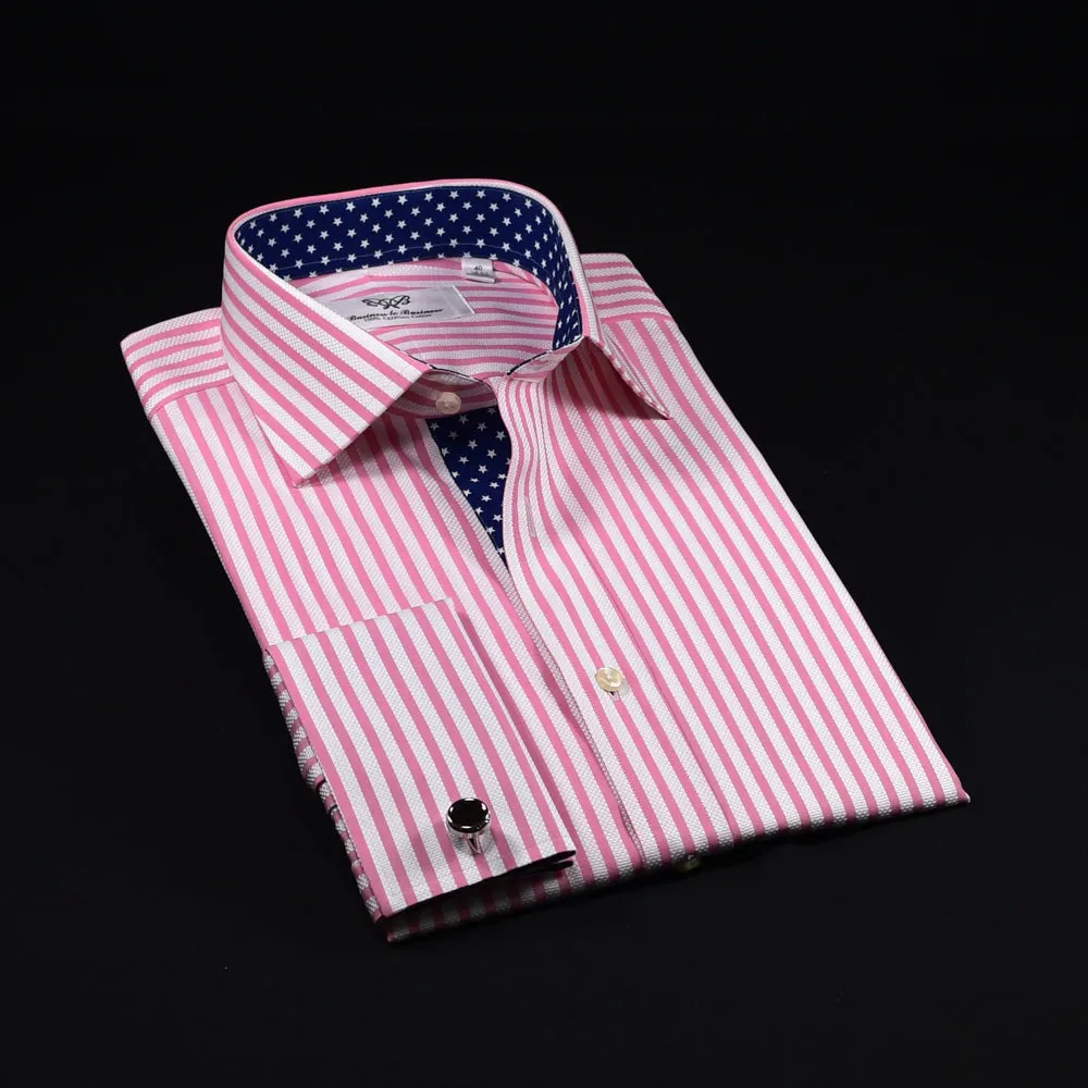 B2B Blue Luxury Stripe Formal Business Dress Shirt With Blue Stars Inner Lining