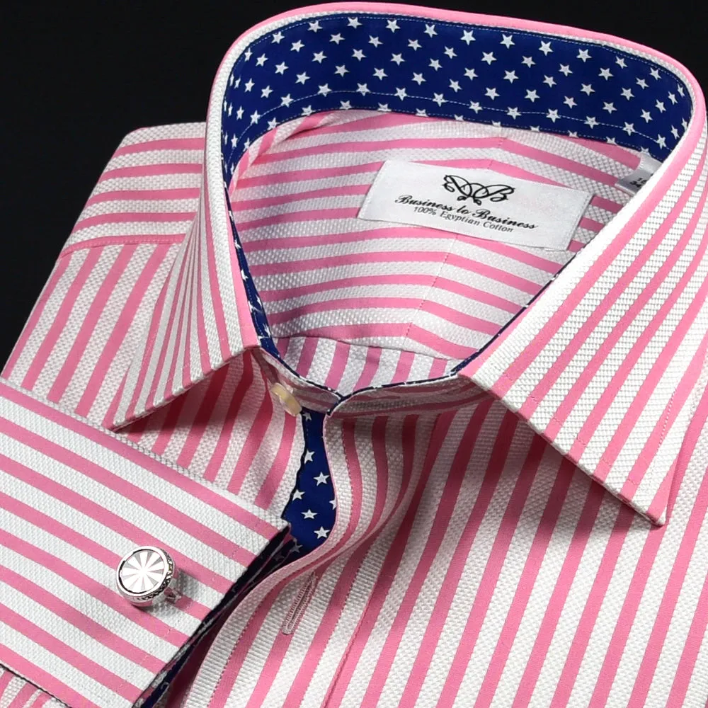 B2B Blue Luxury Stripe Formal Business Dress Shirt With Blue Stars Inner Lining