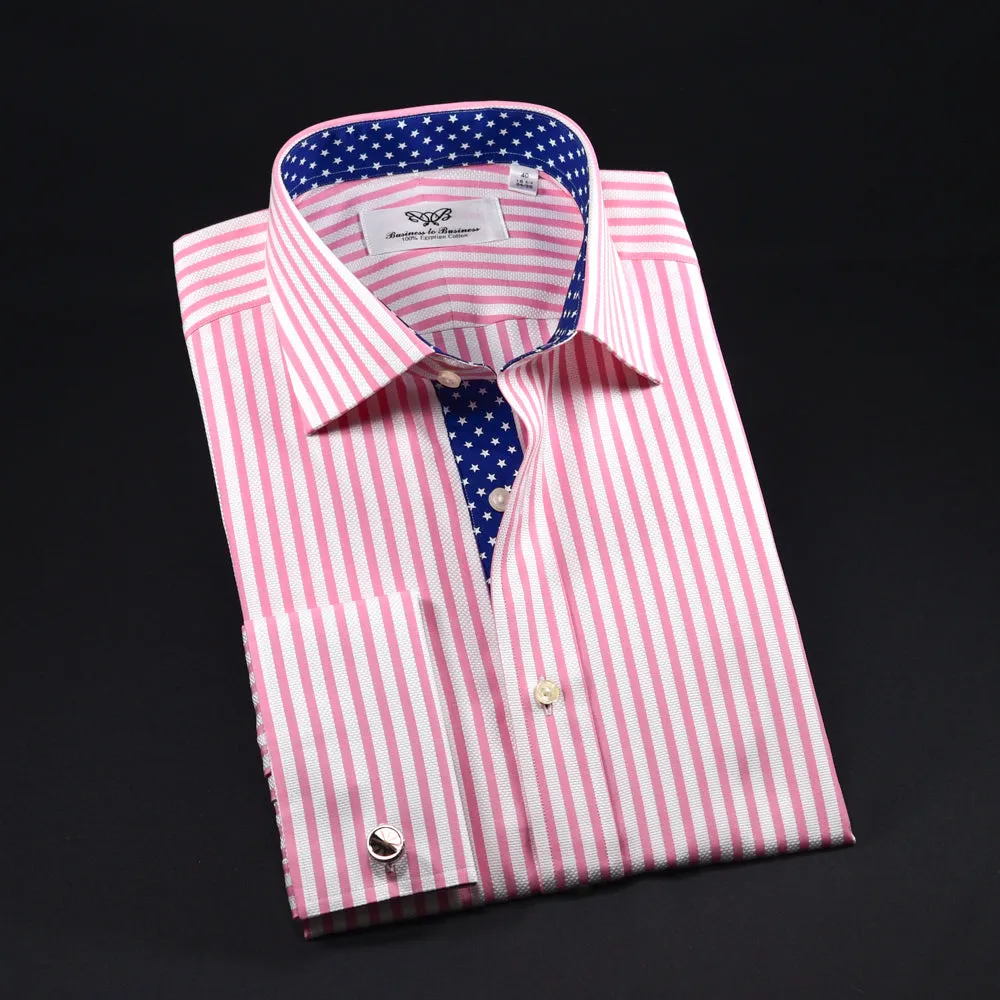 B2B Blue Luxury Stripe Formal Business Dress Shirt With Blue Stars Inner Lining