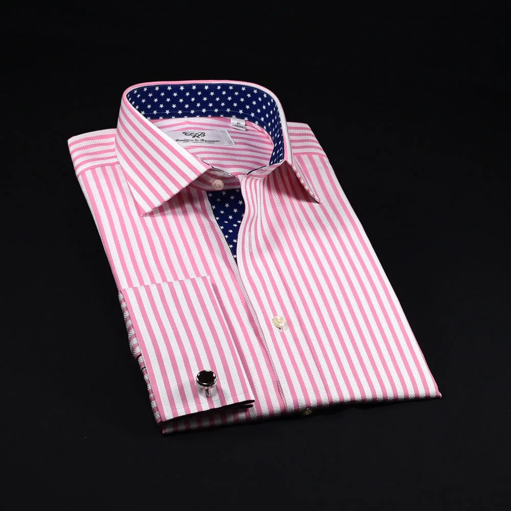 B2B Blue Luxury Stripe Formal Business Dress Shirt With Blue Stars Inner Lining