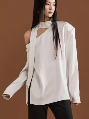 B9175 Satin One Shoulder Scarf Blouse