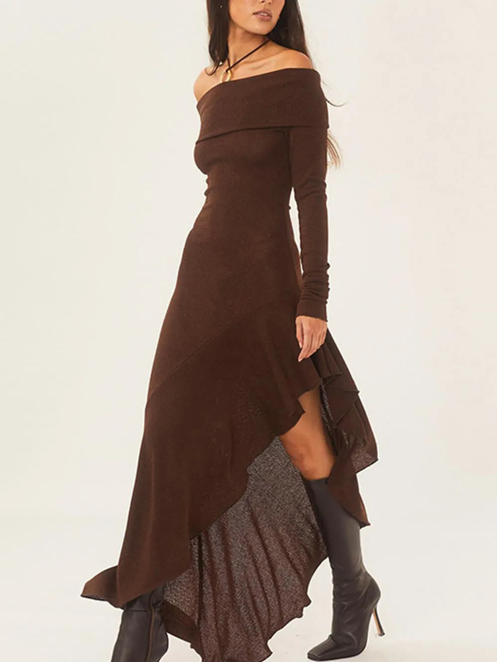 Bateau Neck Long Sleeve Maxi Dress