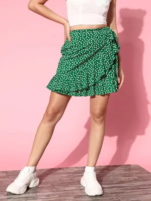 Berrylush Women Green & White Floral Printed Tie-Up High-Rise Waist Ruffled Wrap Mini Skorts