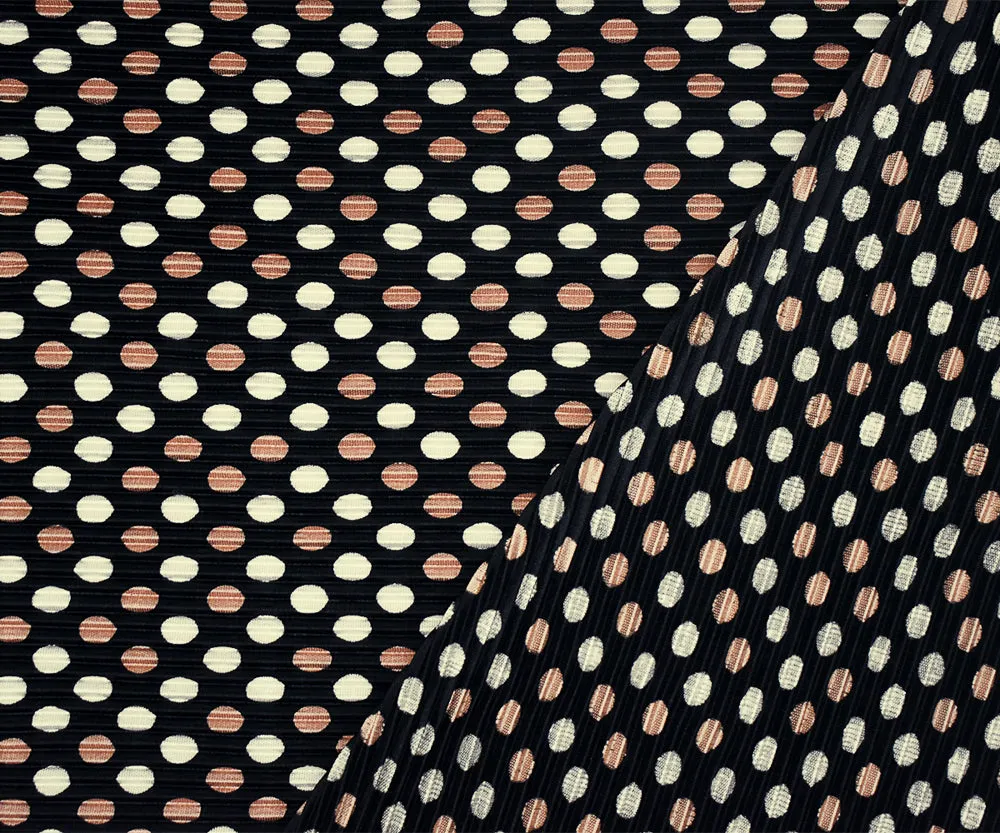 Black-Copper-White Dot Printed Stretch Pressed Pleated Satin Knit Fabric