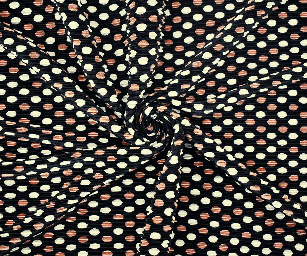 Black-Copper-White Dot Printed Stretch Pressed Pleated Satin Knit Fabric