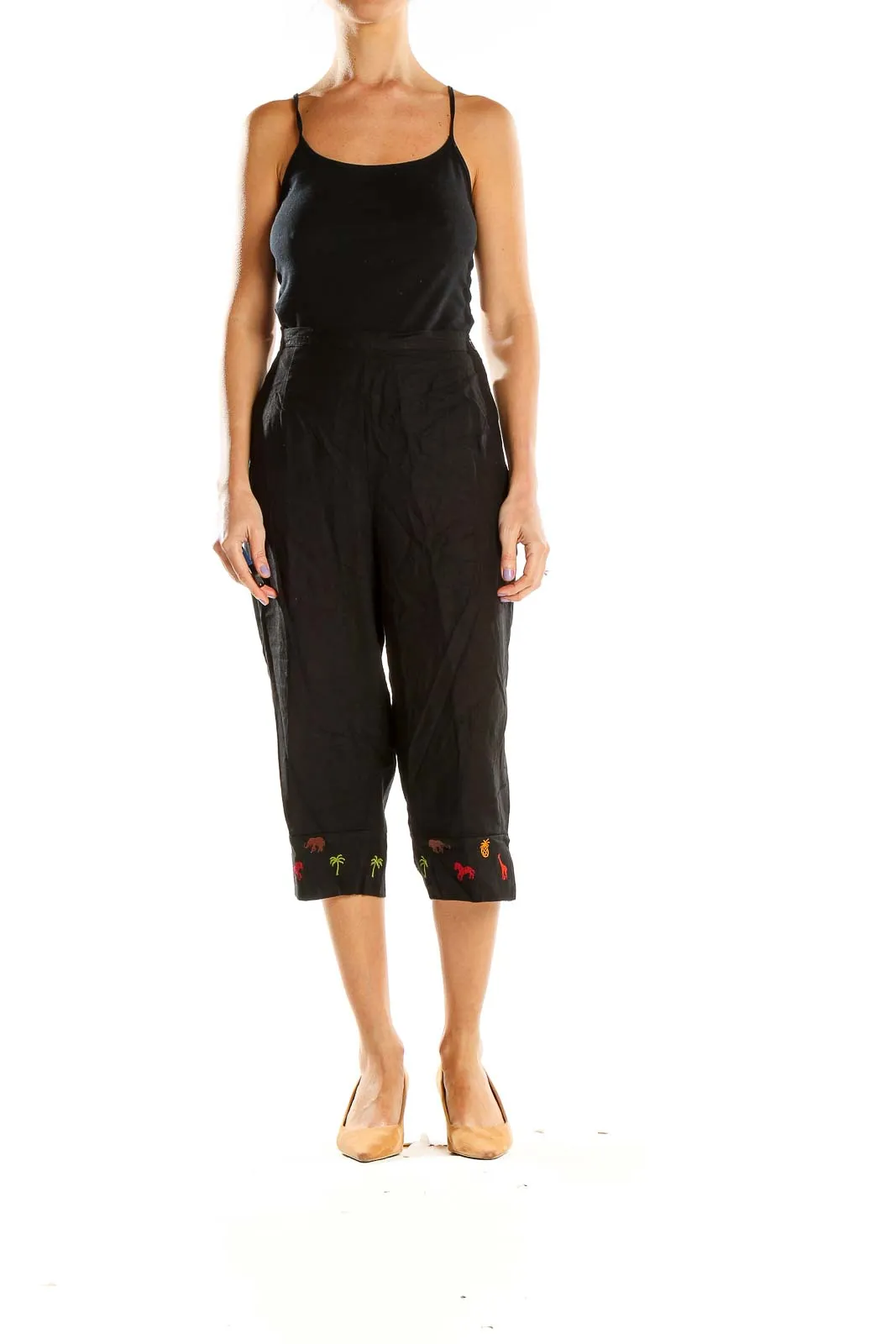 Black Embroidered Capri Pants