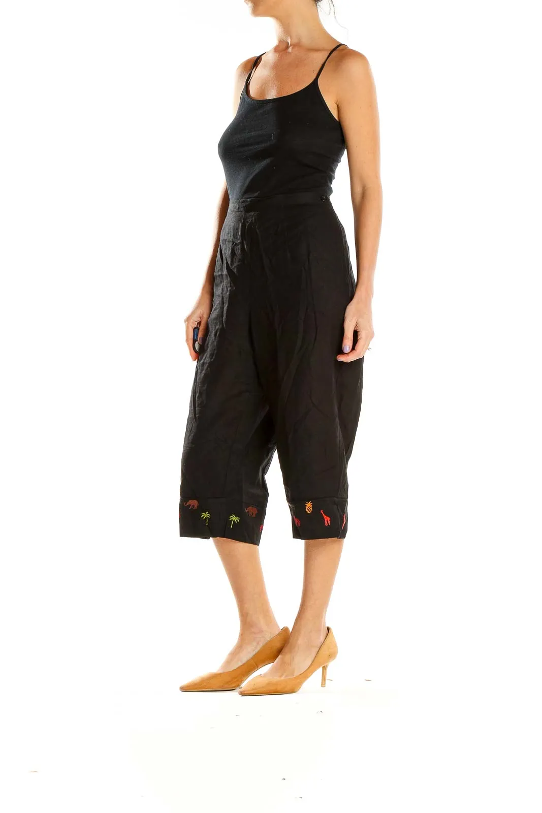 Black Embroidered Capri Pants