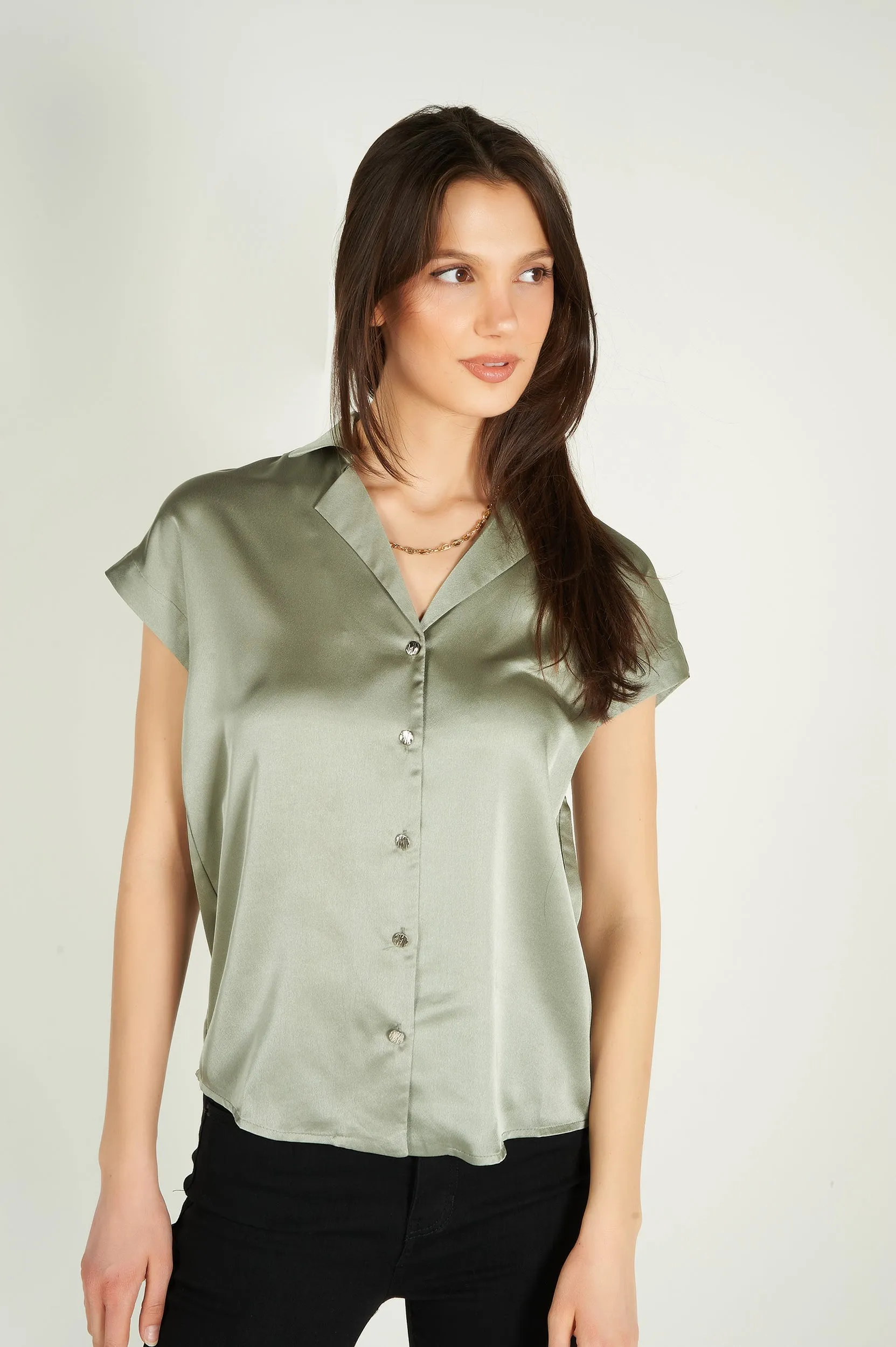 Blouse en satin à manches courtes - EVANIE - (E-B8) - VENTE FINALE