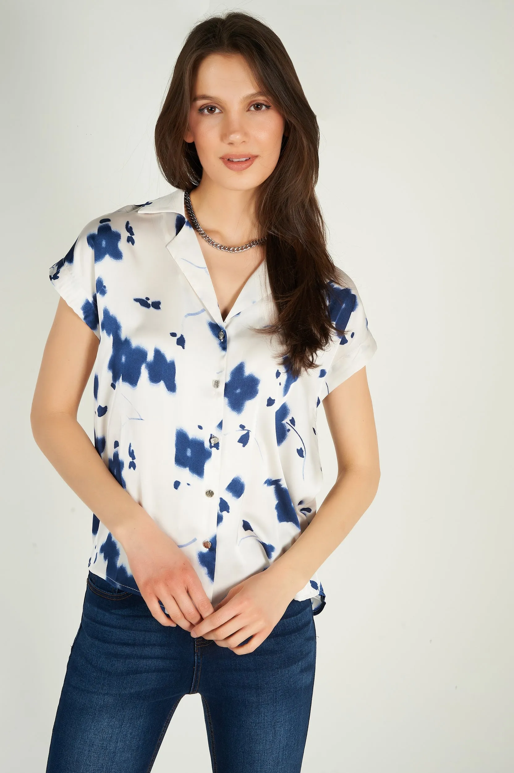 Blouse en satin à manches courtes - EVANIE - (E-B8) - VENTE FINALE