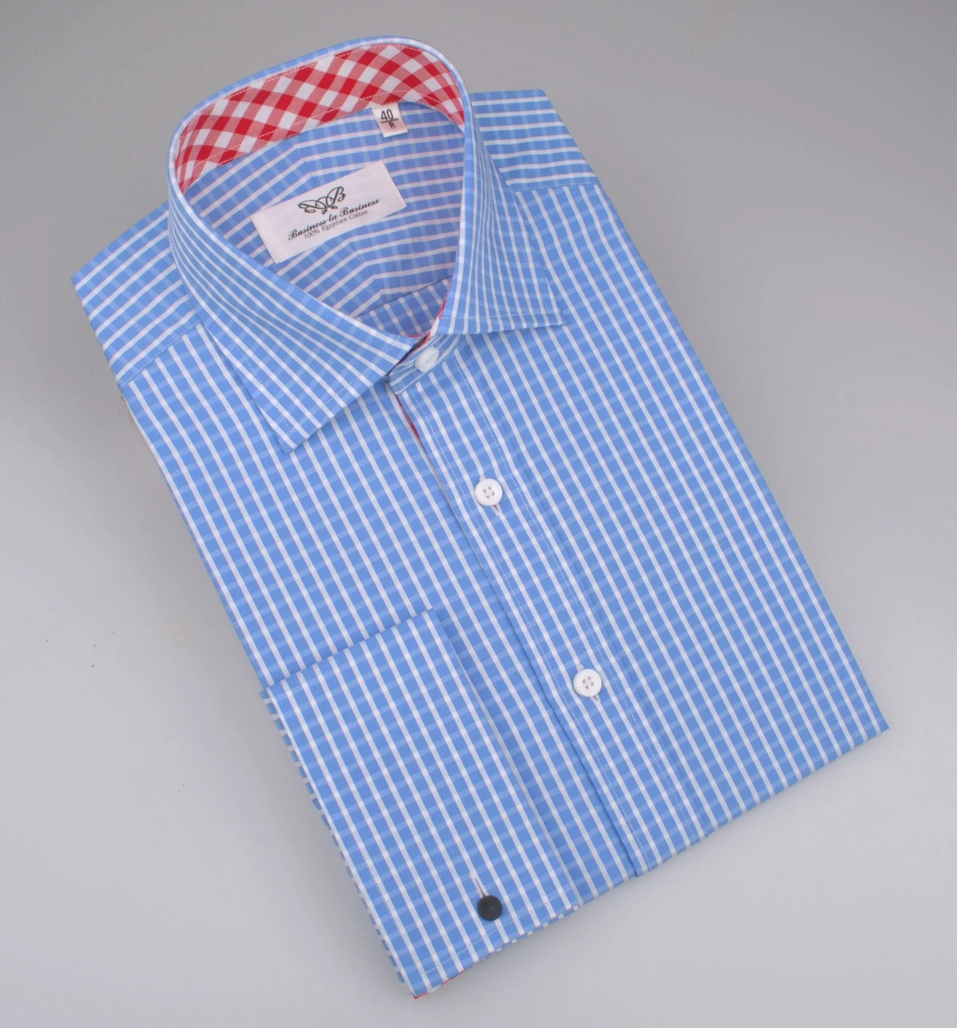 Blue Designer Gingham Check Formal Business Dress Shirt Red Checkered Fashion