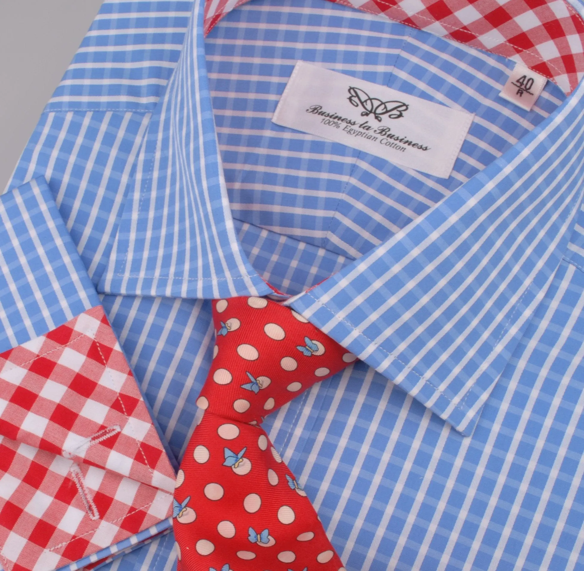 Blue Designer Gingham Check Formal Business Dress Shirt Red Checkered Fashion