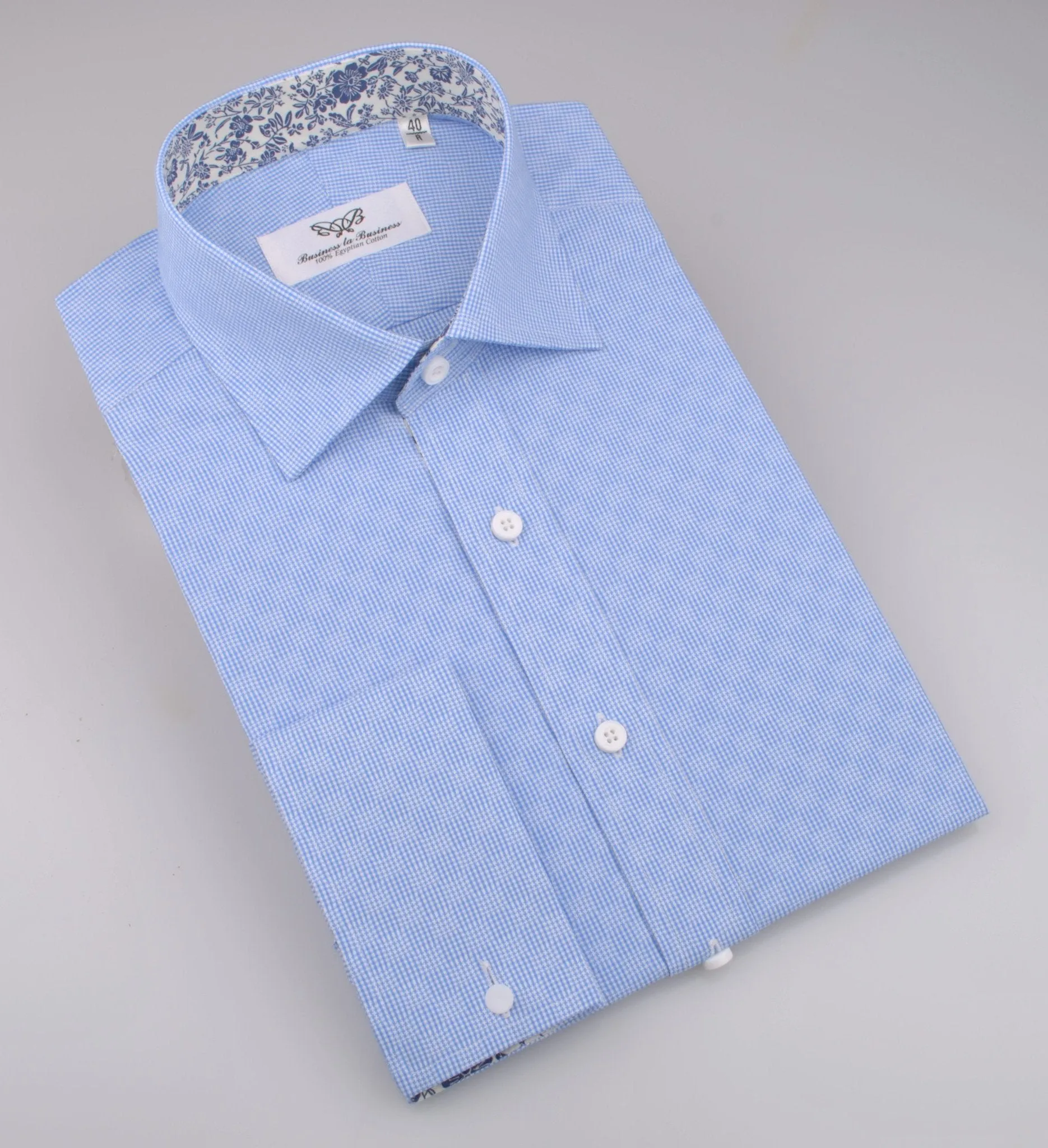 Blue Retro Pinwheel Checkered Mini Gingham Checkered Formal Business Dress Shirt with Luxury Floral