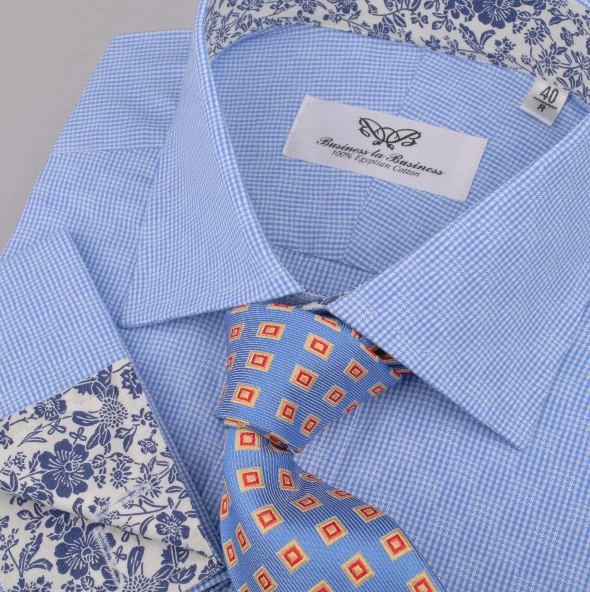 Blue Retro Pinwheel Checkered Mini Gingham Checkered Formal Business Dress Shirt with Luxury Floral