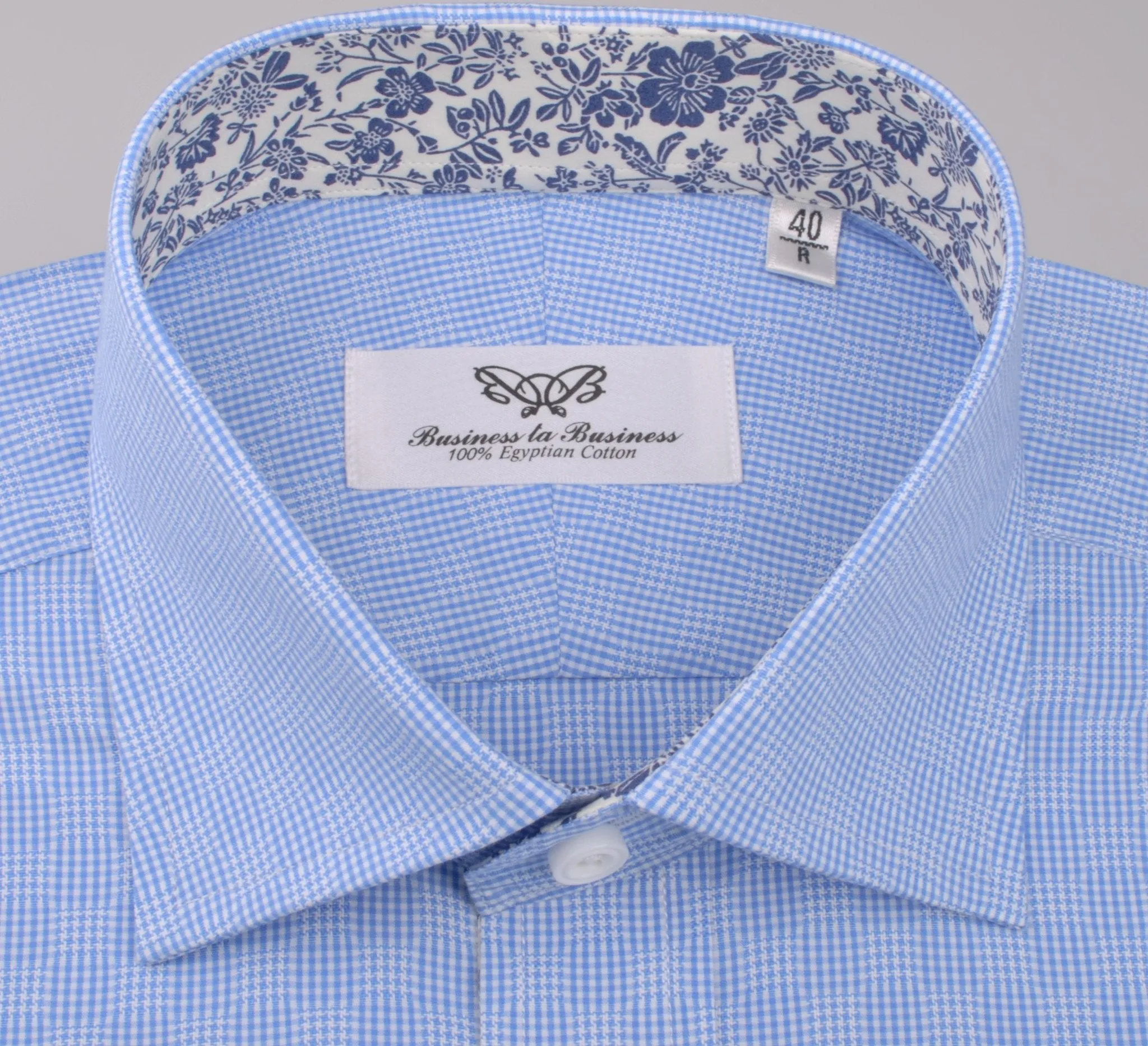 Blue Retro Pinwheel Checkered Mini Gingham Checkered Formal Business Dress Shirt with Luxury Floral