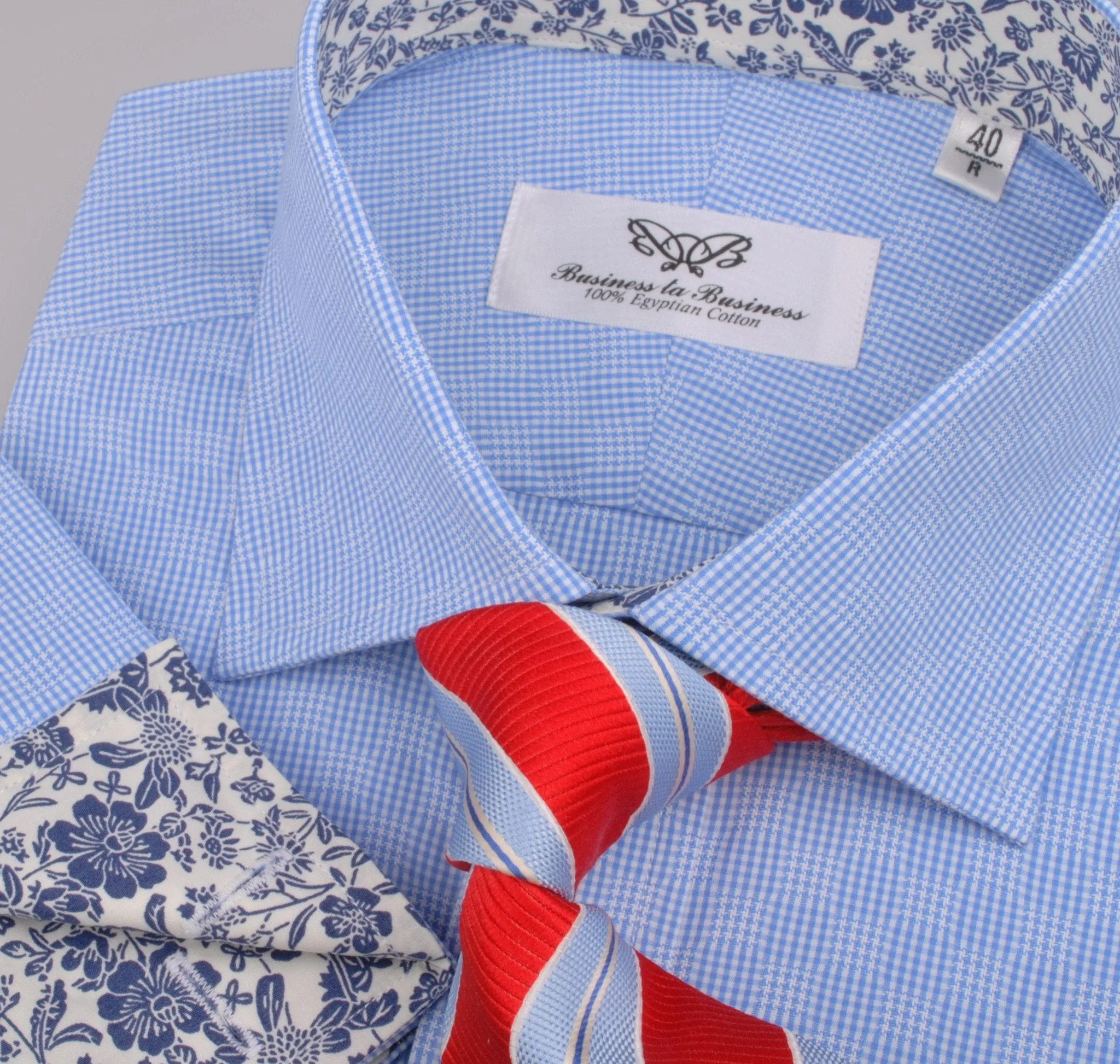 Blue Retro Pinwheel Checkered Mini Gingham Checkered Formal Business Dress Shirt with Luxury Floral