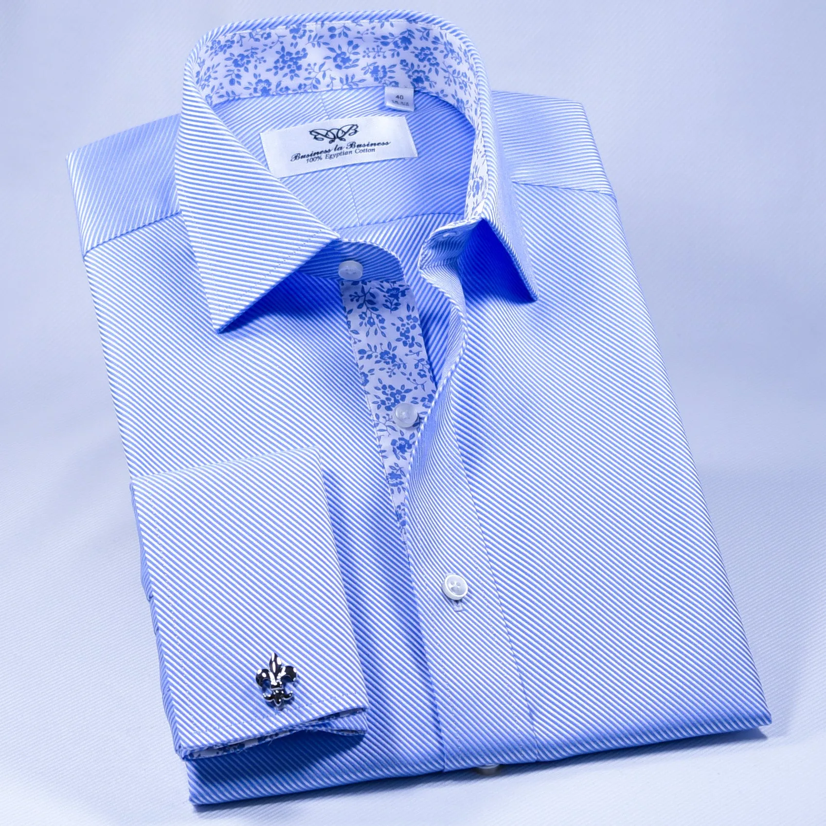 Blue Twill Professional Dress Shirt in Double French Cuff With Unique Inner Lining Design