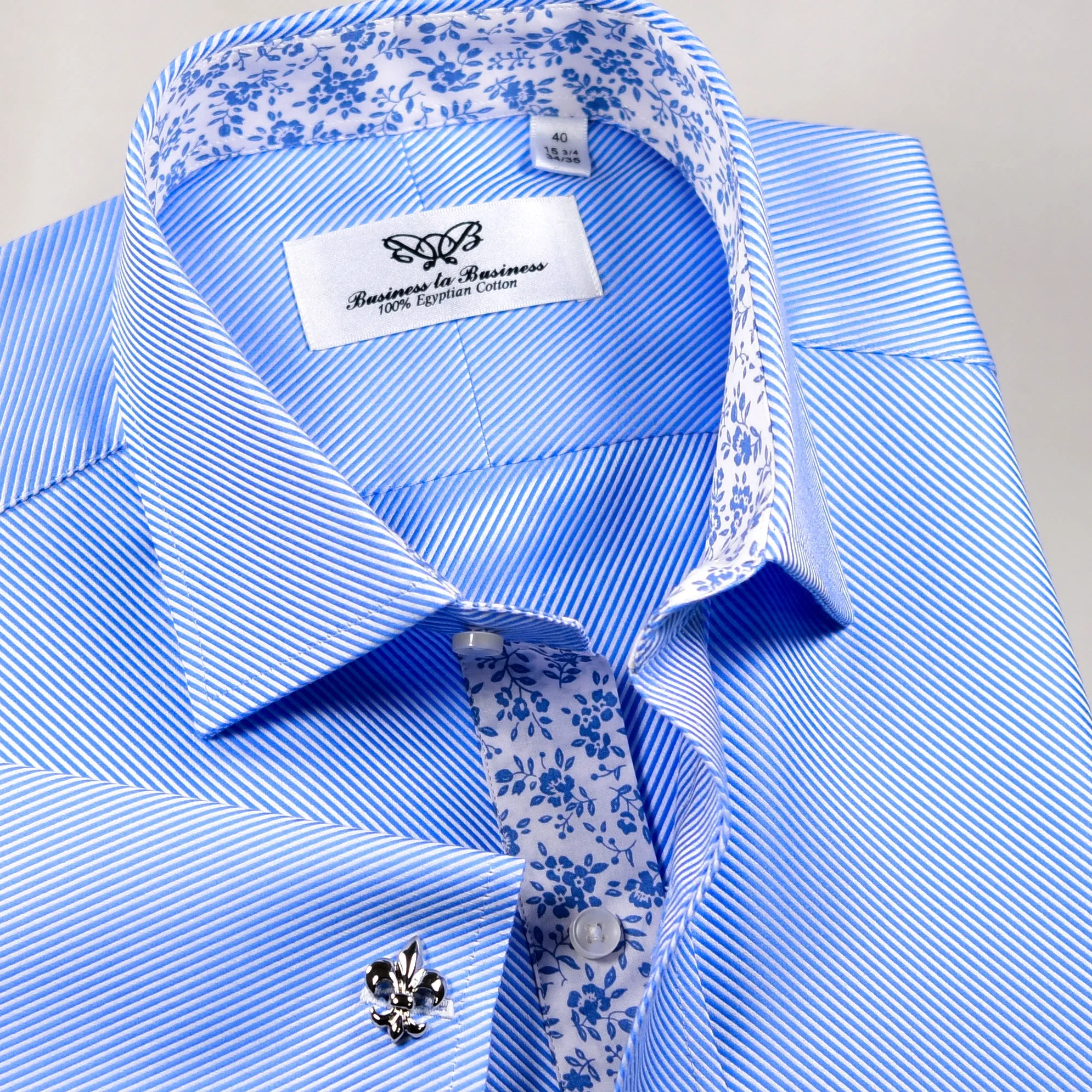 Blue Twill Professional Dress Shirt in Double French Cuff With Unique Inner Lining Design