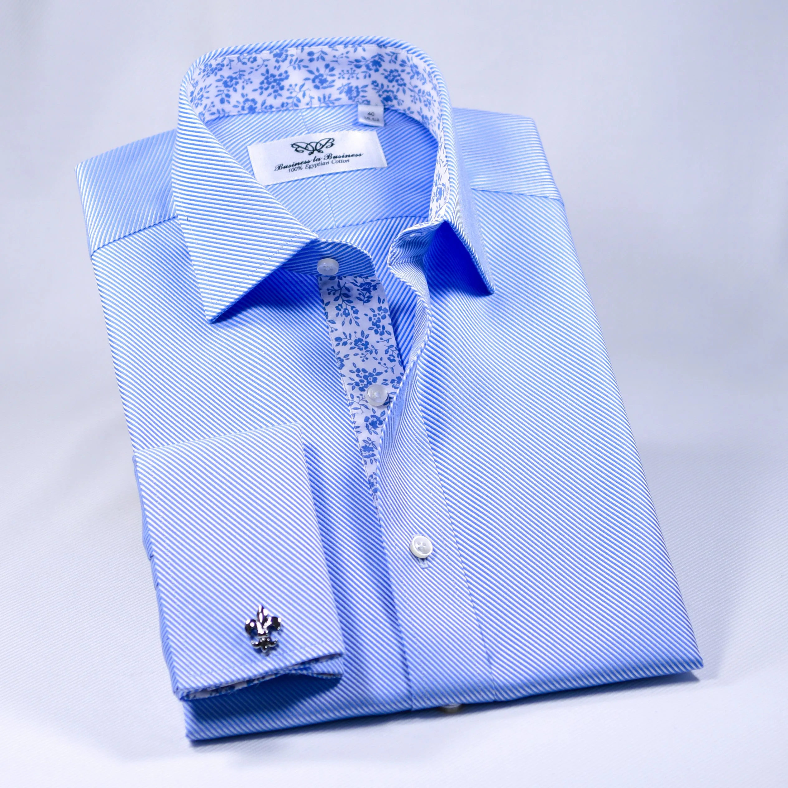 Blue Twill Professional Dress Shirt in Double French Cuff With Unique Inner Lining Design