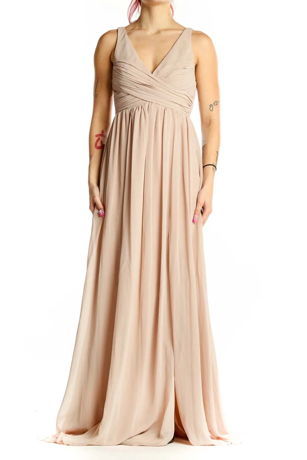 Blush Elegant V-Neck Maxi Bridesmaid Dress