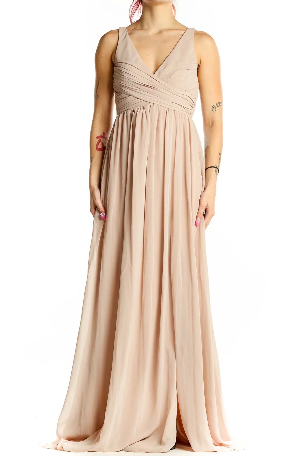 Blush Elegant V-Neck Maxi Bridesmaid Dress