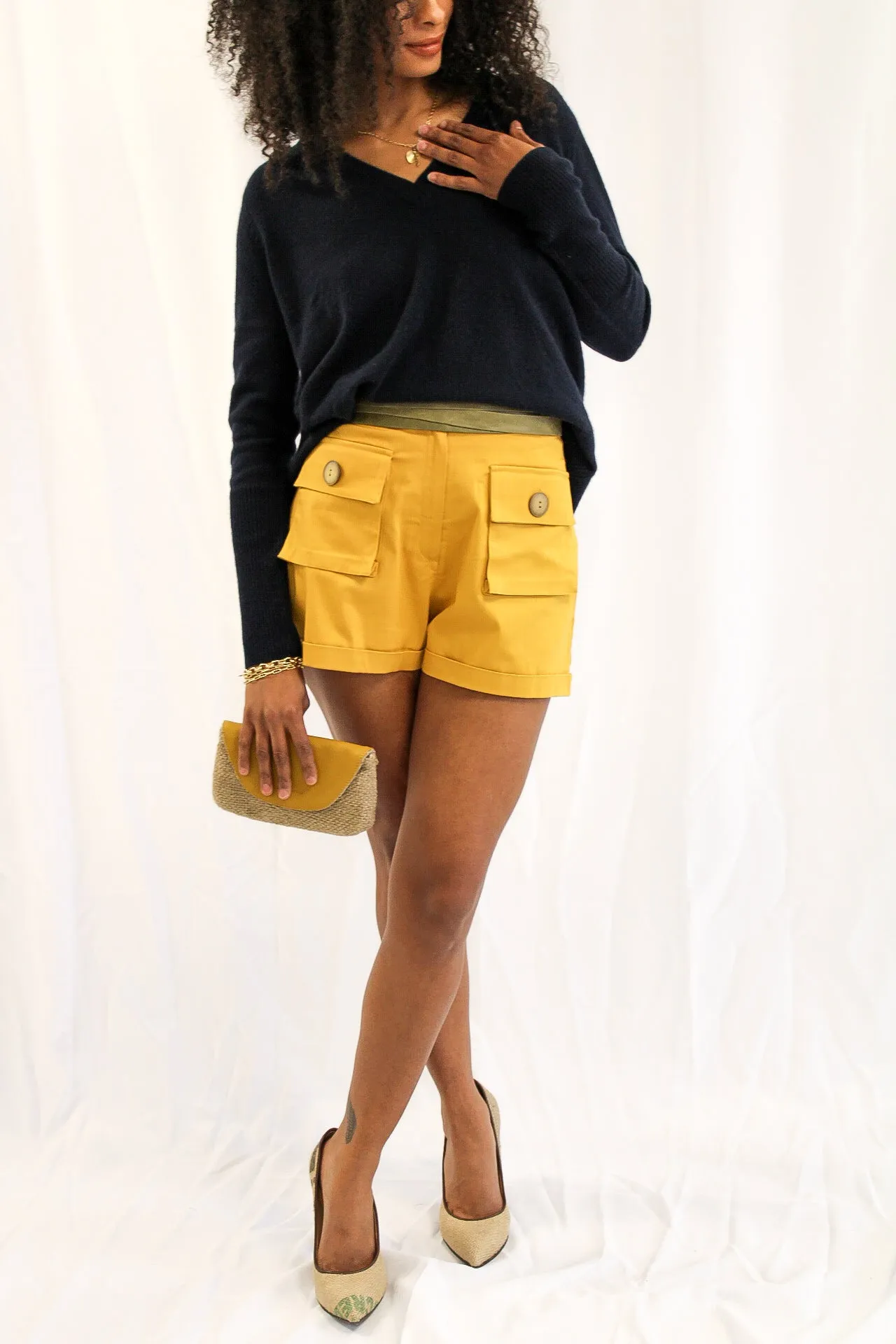 Bold Yellow Shorts With Tie Waist Belt by Adriana Contreras