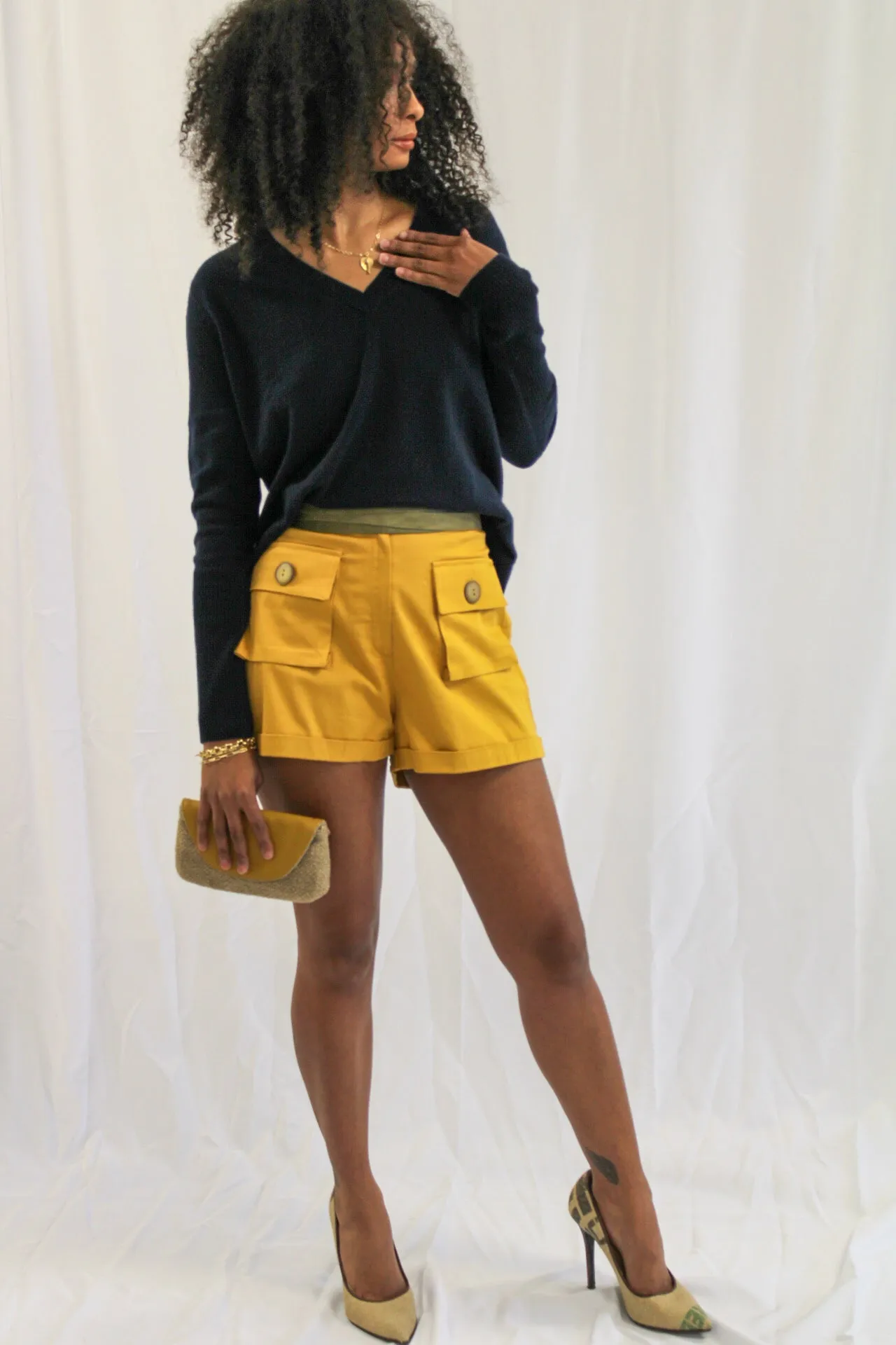 Bold Yellow Shorts With Tie Waist Belt by Adriana Contreras