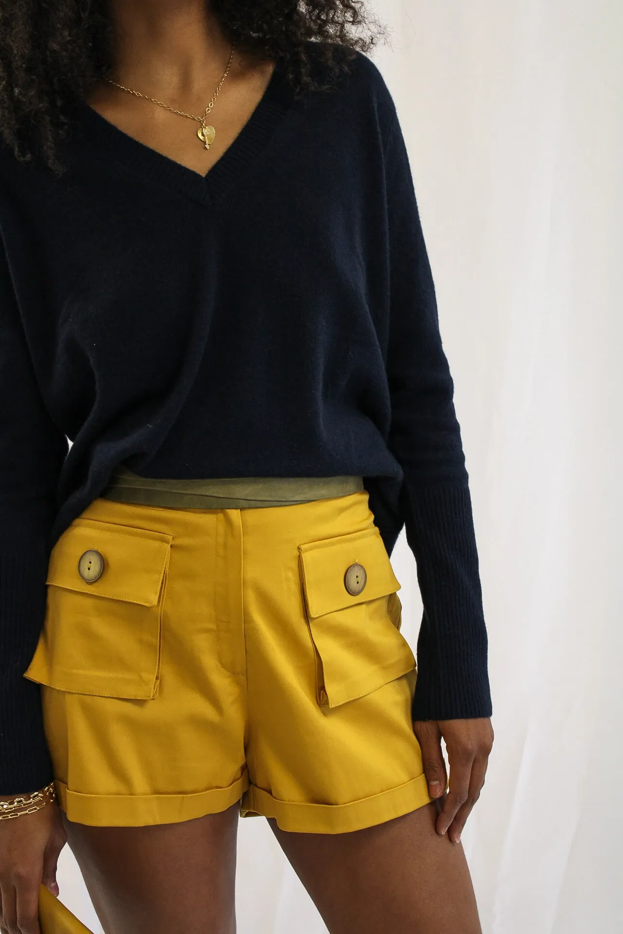 Bold Yellow Shorts With Tie Waist Belt by Adriana Contreras