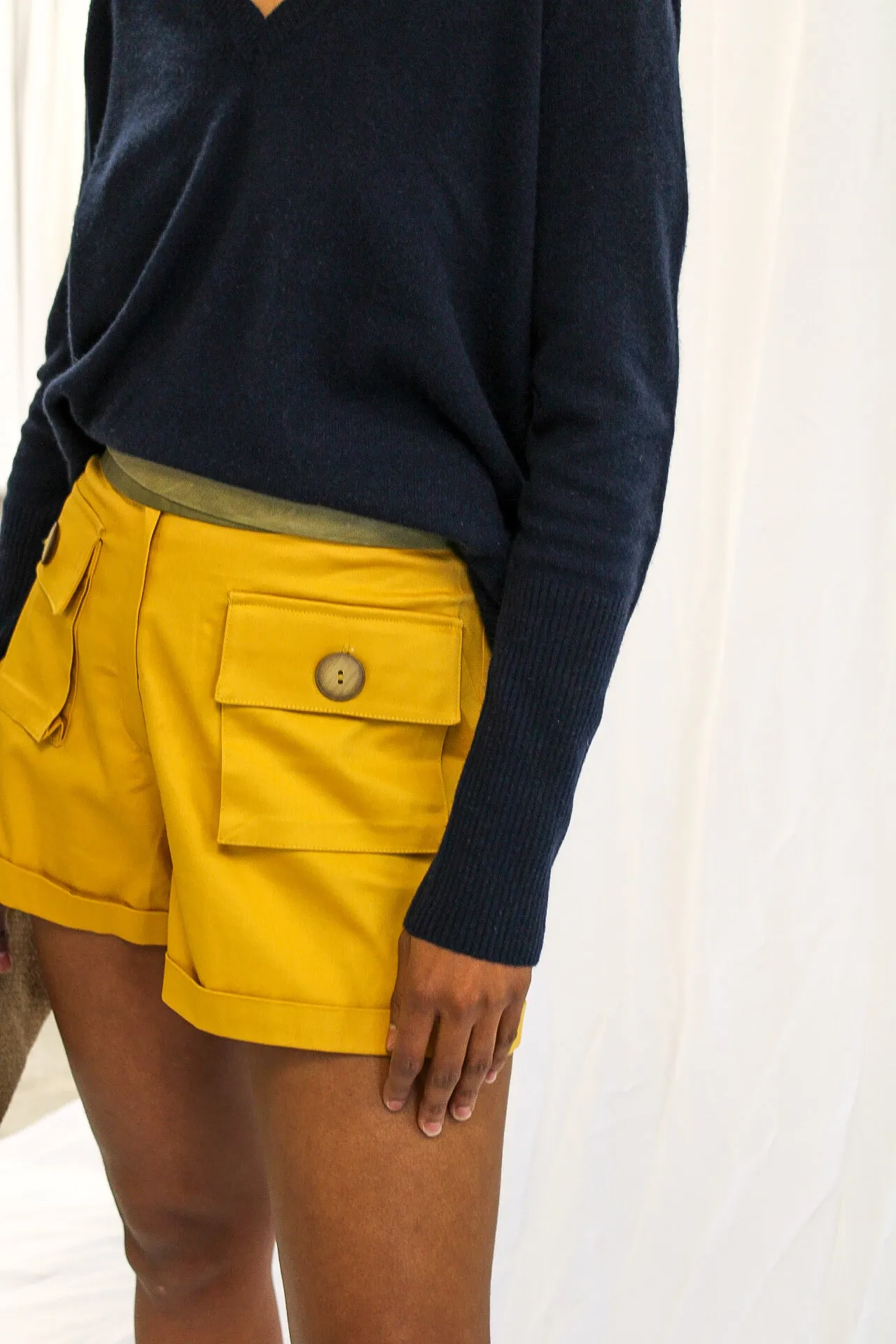 Bold Yellow Shorts With Tie Waist Belt by Adriana Contreras