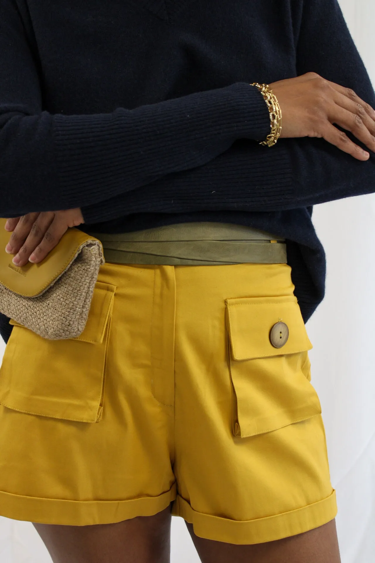 Bold Yellow Shorts With Tie Waist Belt by Adriana Contreras