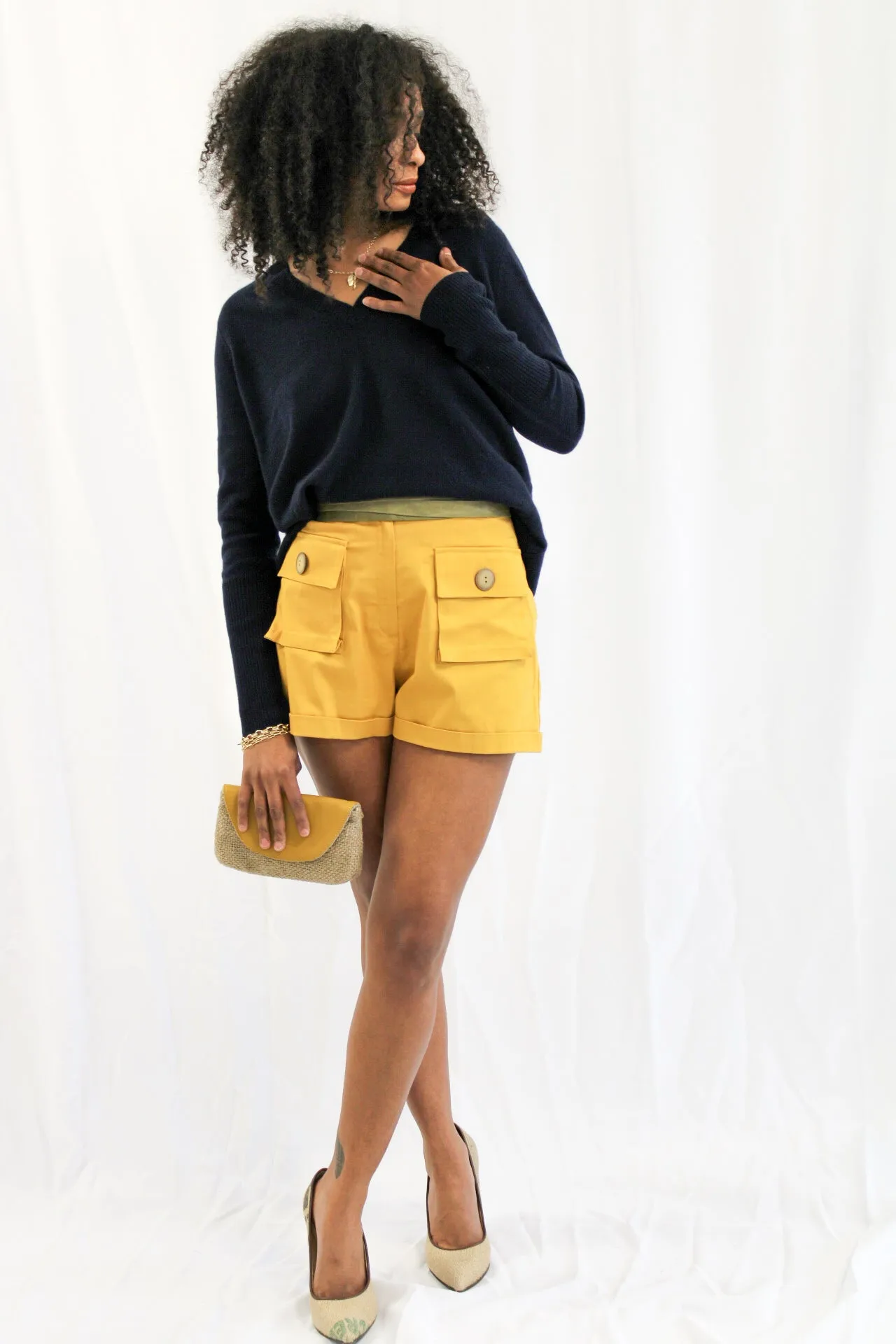 Bold Yellow Shorts With Tie Waist Belt by Adriana Contreras