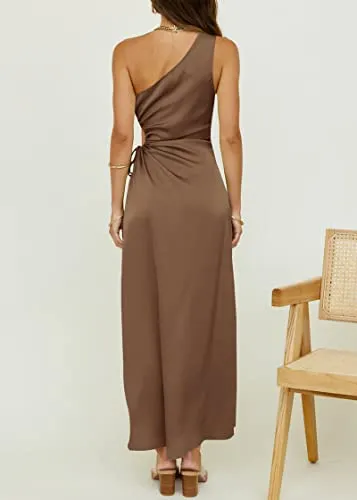 BTFBM Women 2023 One Shoulder Prom Dresses Sleeveless Cutout Ruched Adjustable Split Satin Party Cocktail Maxi Dress(Solid Brown, Large)