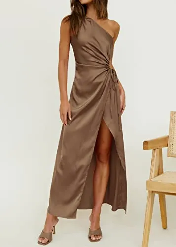 BTFBM Women 2023 One Shoulder Prom Dresses Sleeveless Cutout Ruched Adjustable Split Satin Party Cocktail Maxi Dress(Solid Brown, Large)