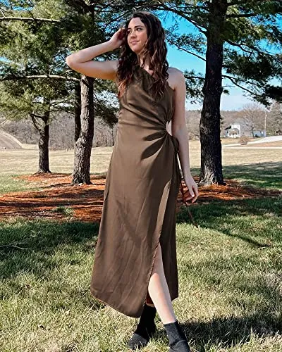 BTFBM Women 2023 One Shoulder Prom Dresses Sleeveless Cutout Ruched Adjustable Split Satin Party Cocktail Maxi Dress(Solid Brown, Large)