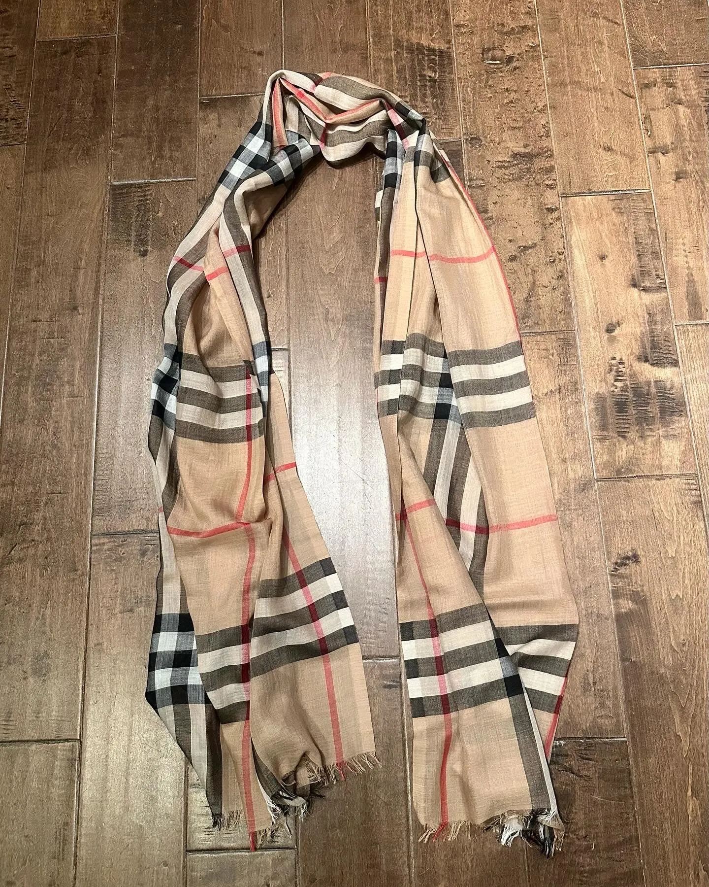 BURBERRY London England Tan Check Wool Silk Blend Scarf