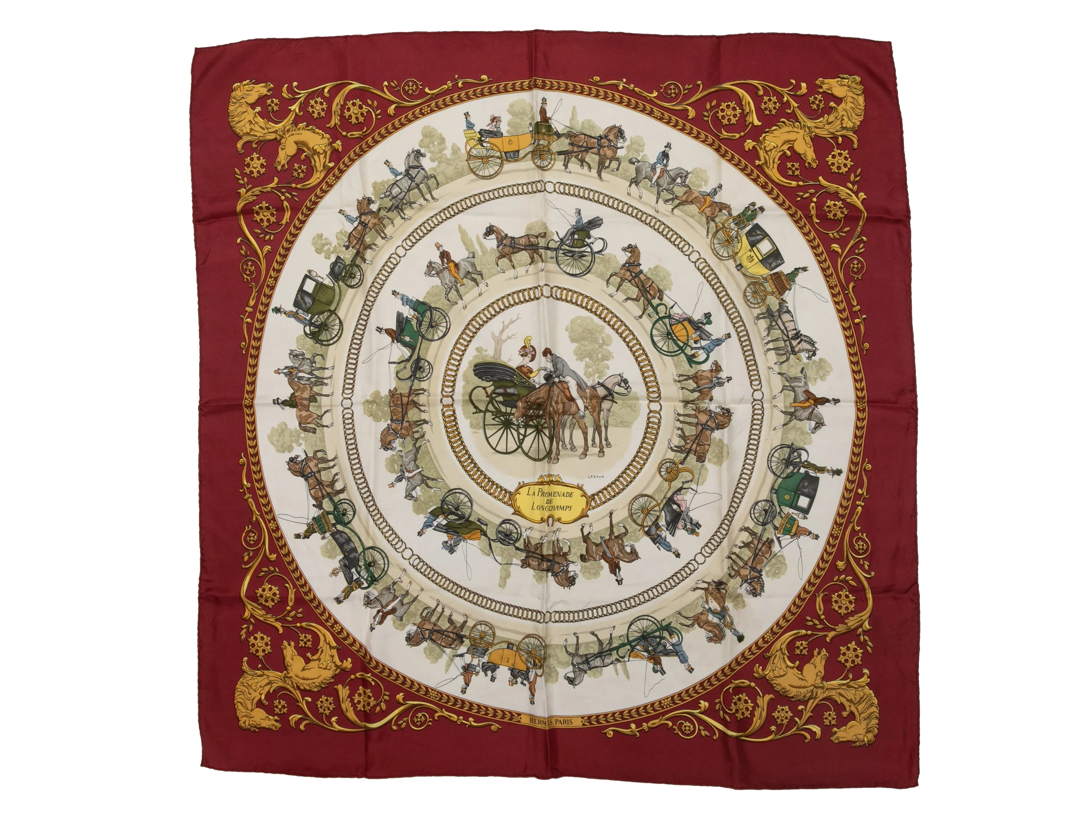 Burgundy & Multicolor La Promenade De Longchamps Motif Printed Silk Scarf