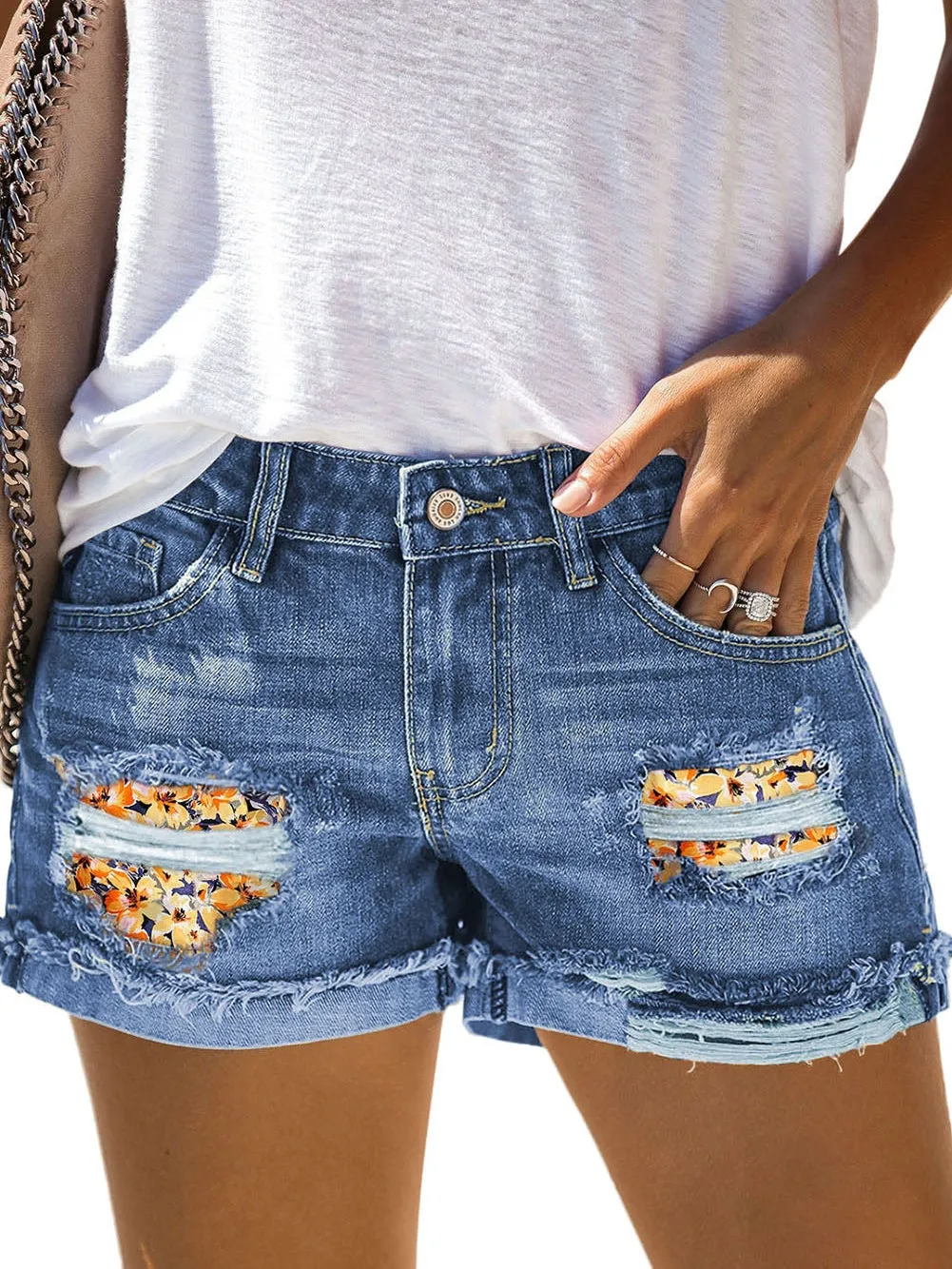 Button-Fly Floral Patch Denim Shorts