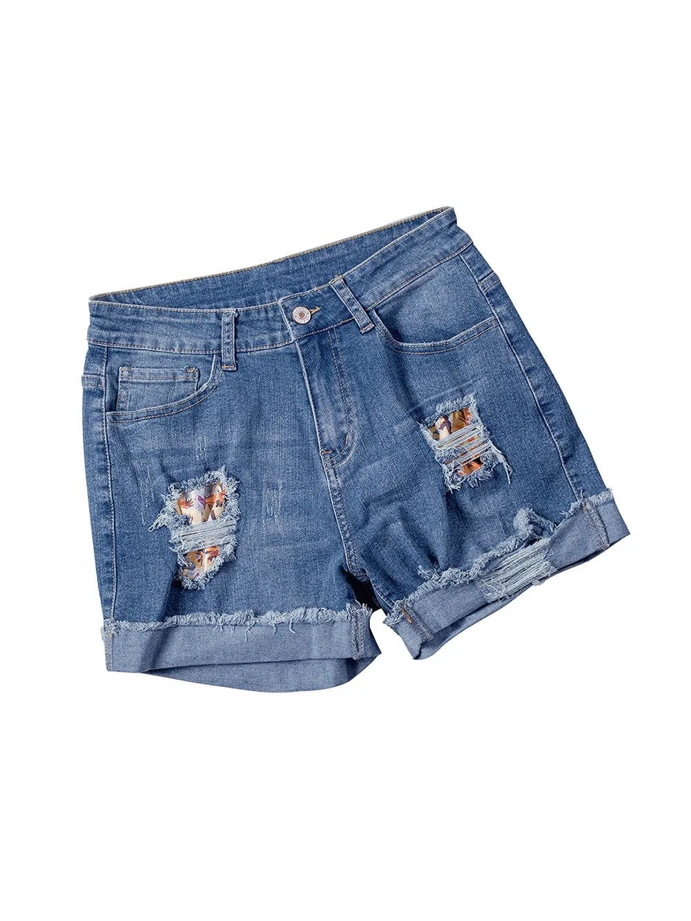 Button-Fly Floral Patch Denim Shorts