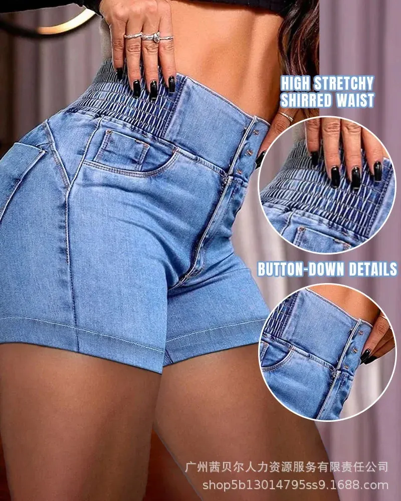 Buttoned Bleached High Waist Denim Shorts for Women