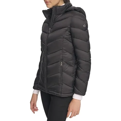 Calvin Klein Women's Light-weight Hooded Puffer Jacket, Black, X-Small