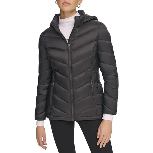 Calvin Klein Women's Light-weight Hooded Puffer Jacket, Black, X-Small