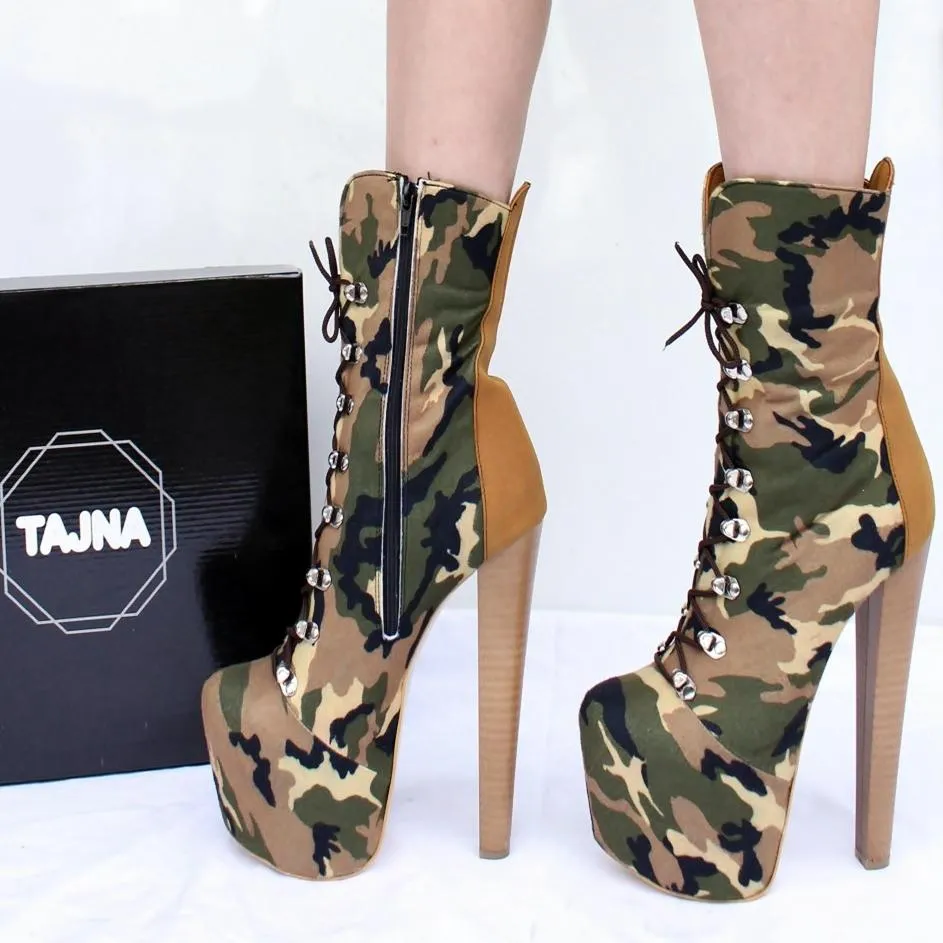 Camouflage High Heel Platform Ankle Boots