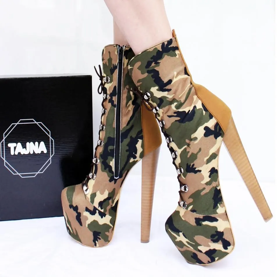 Camouflage High Heel Platform Ankle Boots