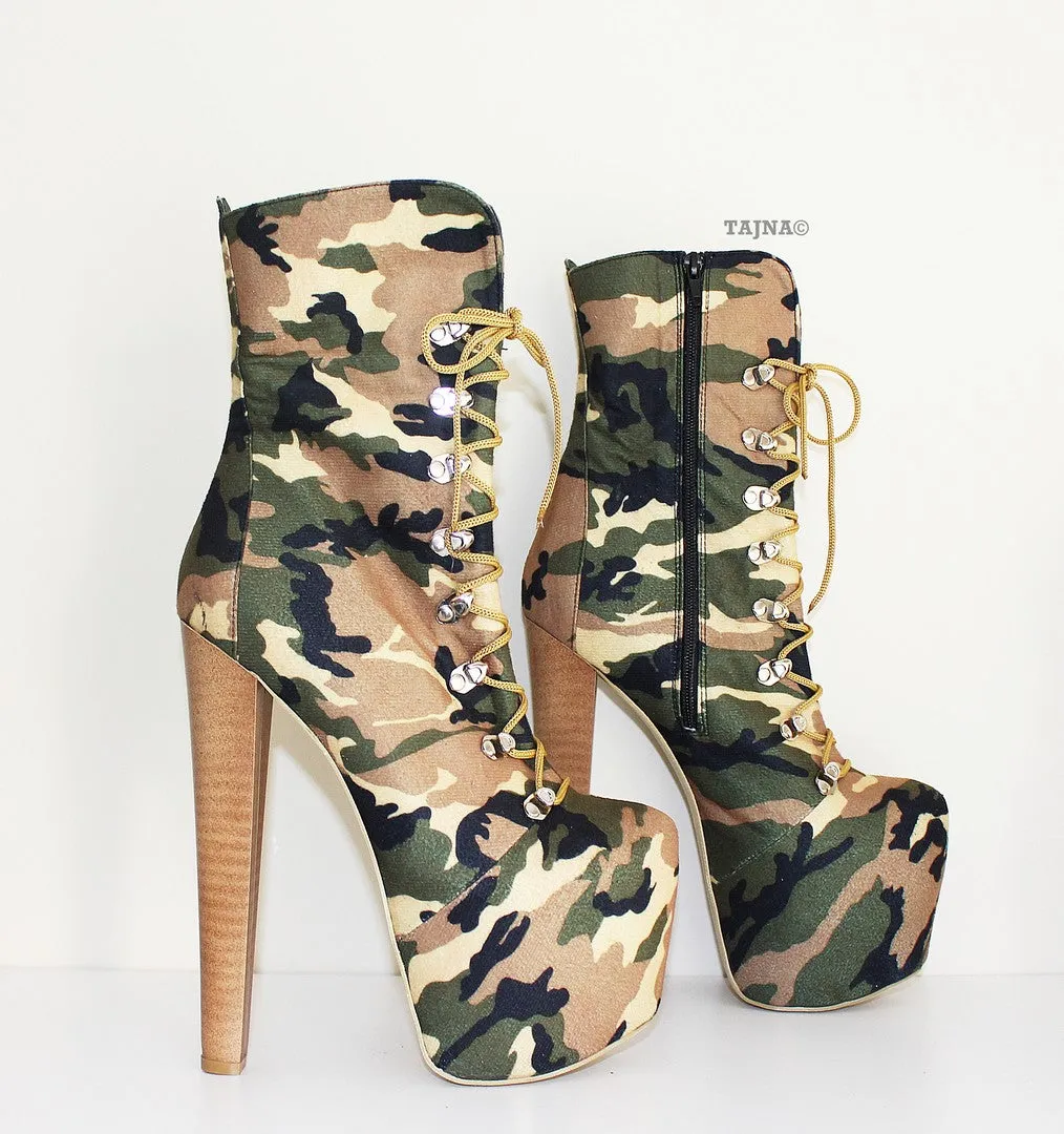 Camouflage High Heel Platform Ankle Boots