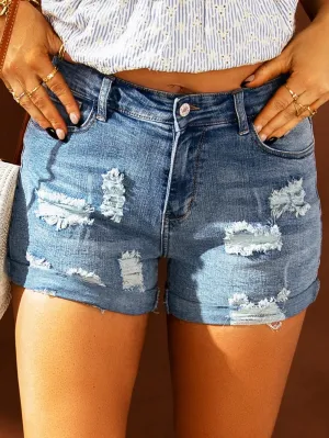 Casual Distressed Denim Shorts with Flag Print